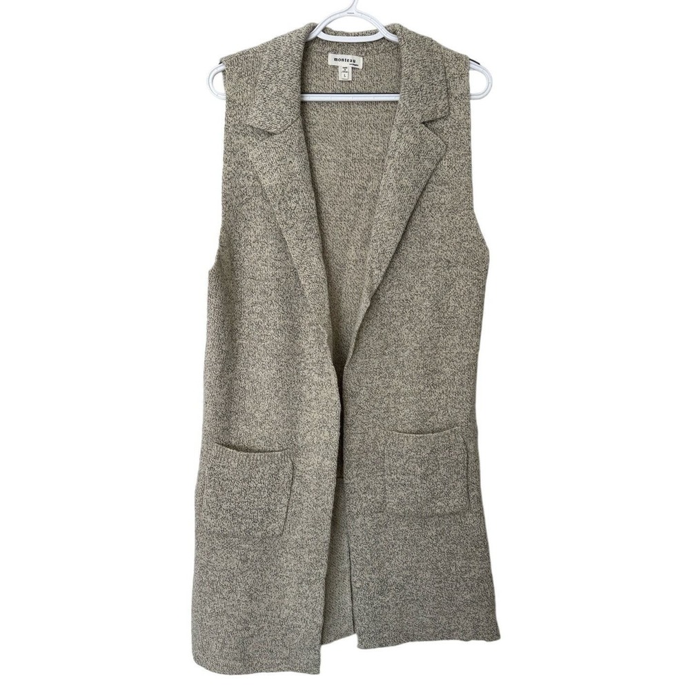 Monteau Los Angeles Beige Gray Knit Longline Sleeveless Vest Cardigan Large
